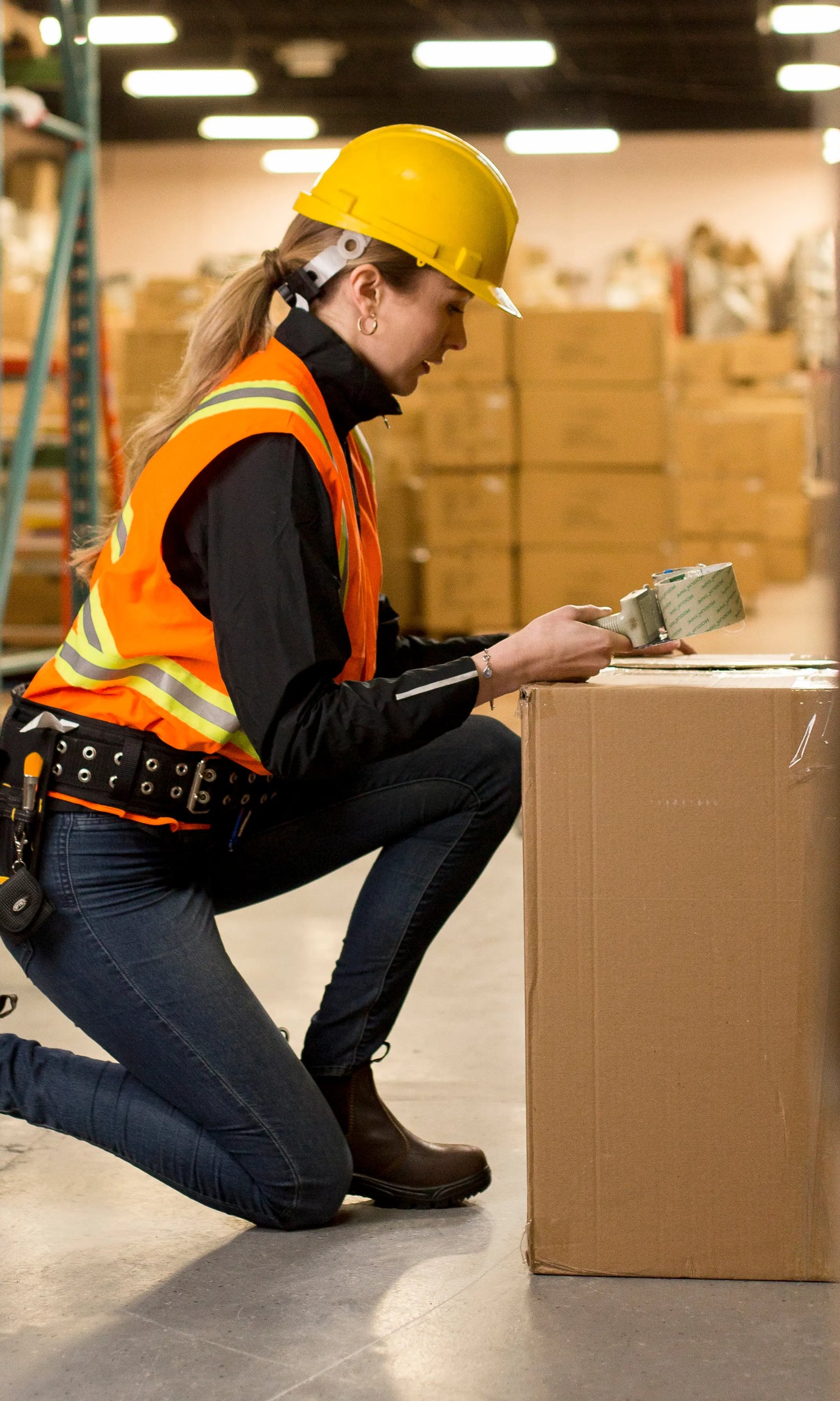Woman in a warehouse wearing a safety vest and hard hat, packaging a box.