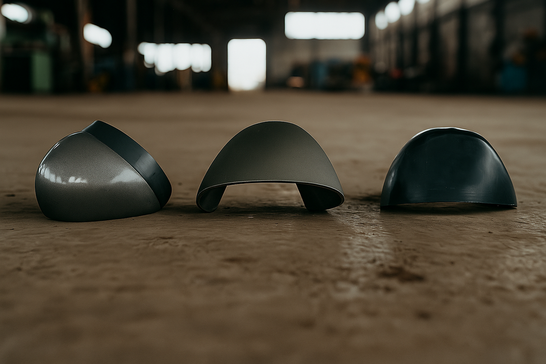 Industrial composite toe caps for work boots on a warehouse floor, close-up view