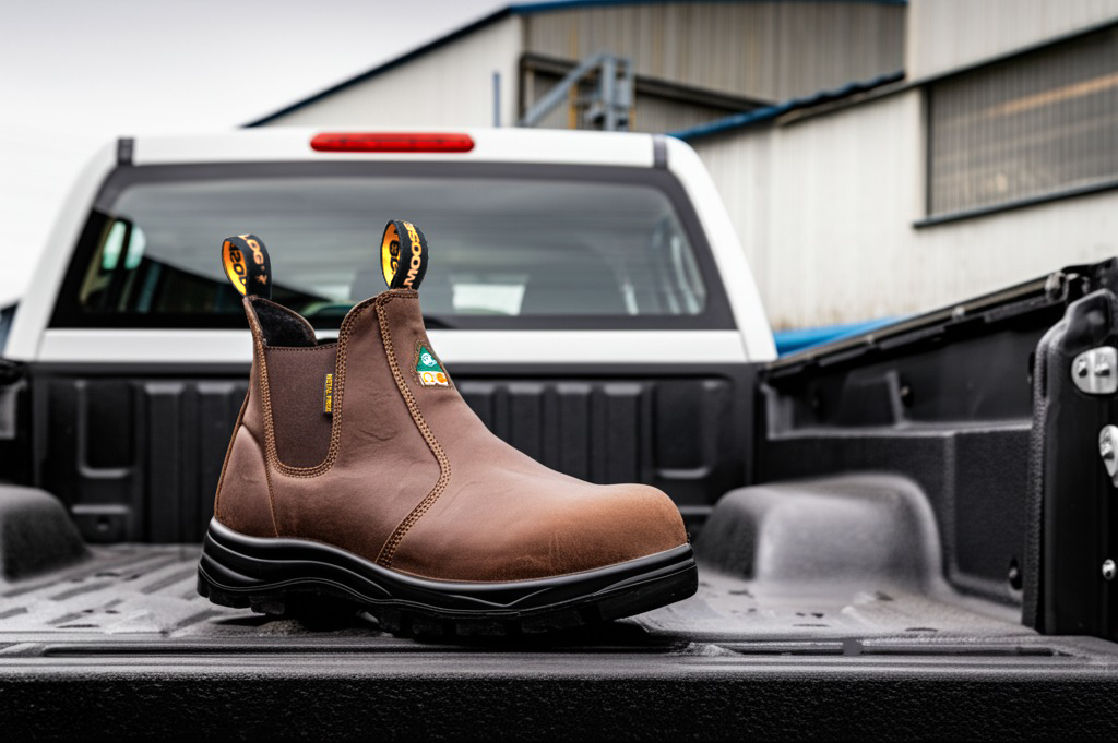 Brown composite toe work boot in a pickup truck bed, industrial setting background