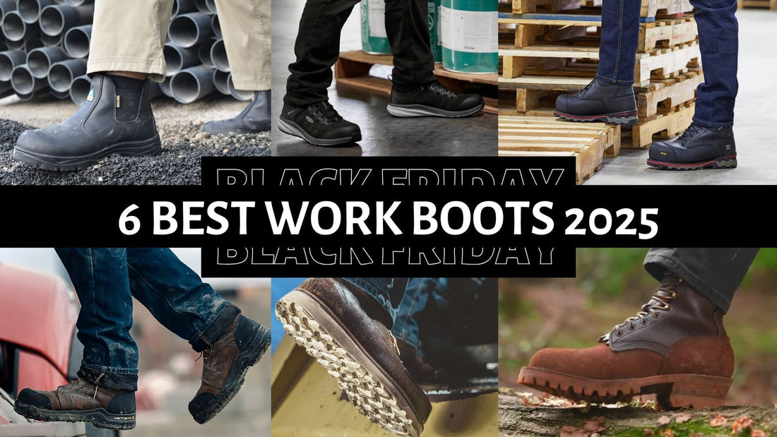 Collage of six rugged work boots for men, ideal for construction and industrial jobs, Black Friday 2025.