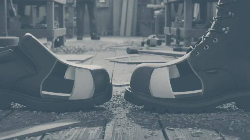 Composite toe work boots and alloy toe work boots cut open to show safety features in workshop