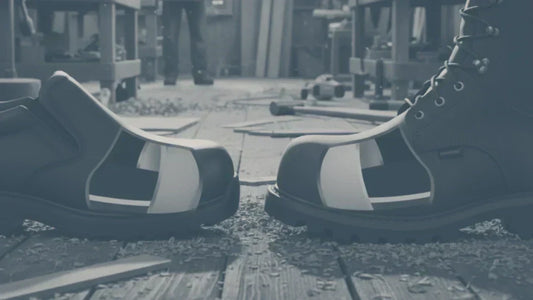 Composite toe work boots and alloy toe work boots cut open to show safety features in workshop
