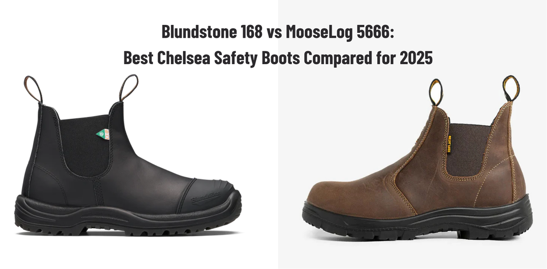 Black and brown Chelsea safety boots side by side, slip-on work boot comparison for 2025.