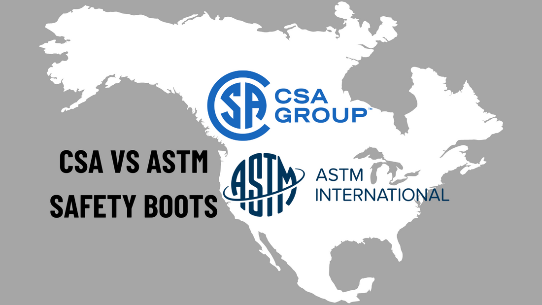 CSA vs ASTM safety boots comparison graphic with North America map and certification logos