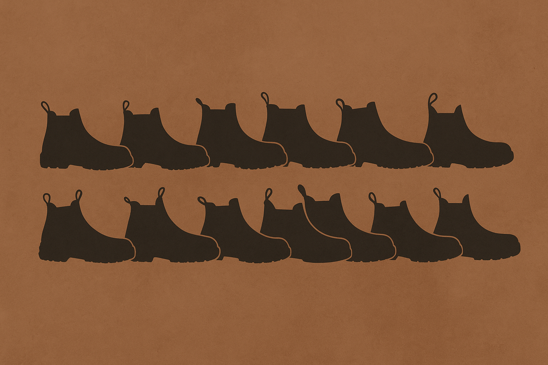 Silhouettes of composite toe work boots in two rows on a brown background, safety footwear