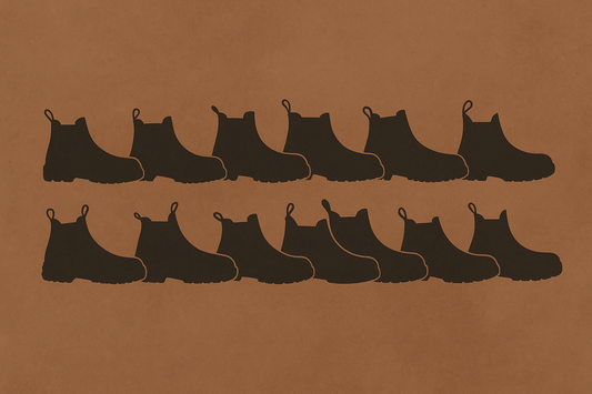 Silhouettes of composite toe work boots in two rows on a brown background, safety footwear