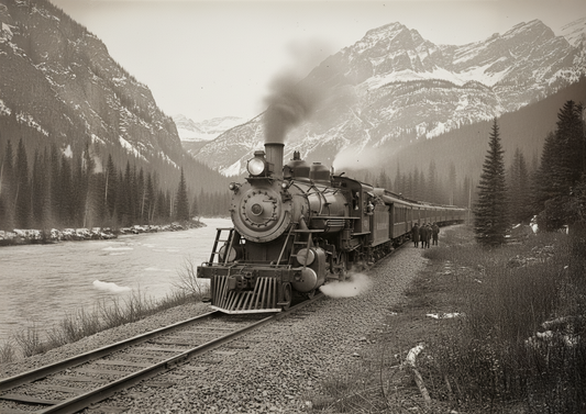 Vintage steam train traveling through snowy mountain landscape beside river.