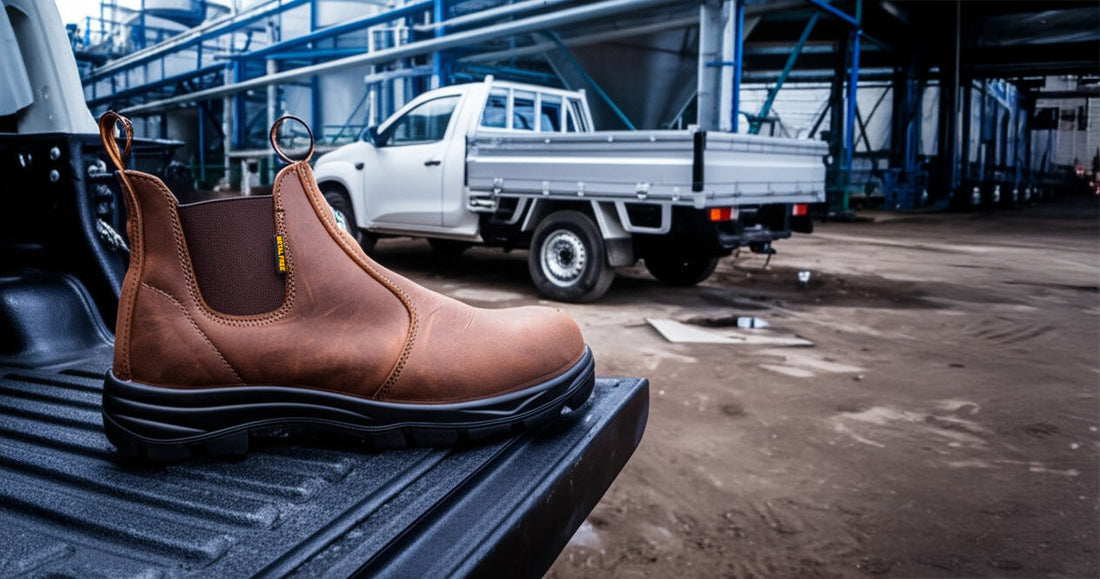 Brown composite toe work boot on truck bed in industrial warehouse setting