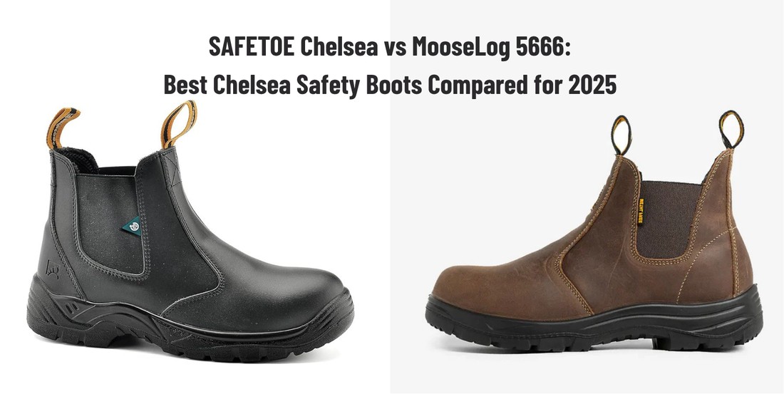 Black Chelsea safety boot and brown Chelsea safety boot side by side, comparison for 2025