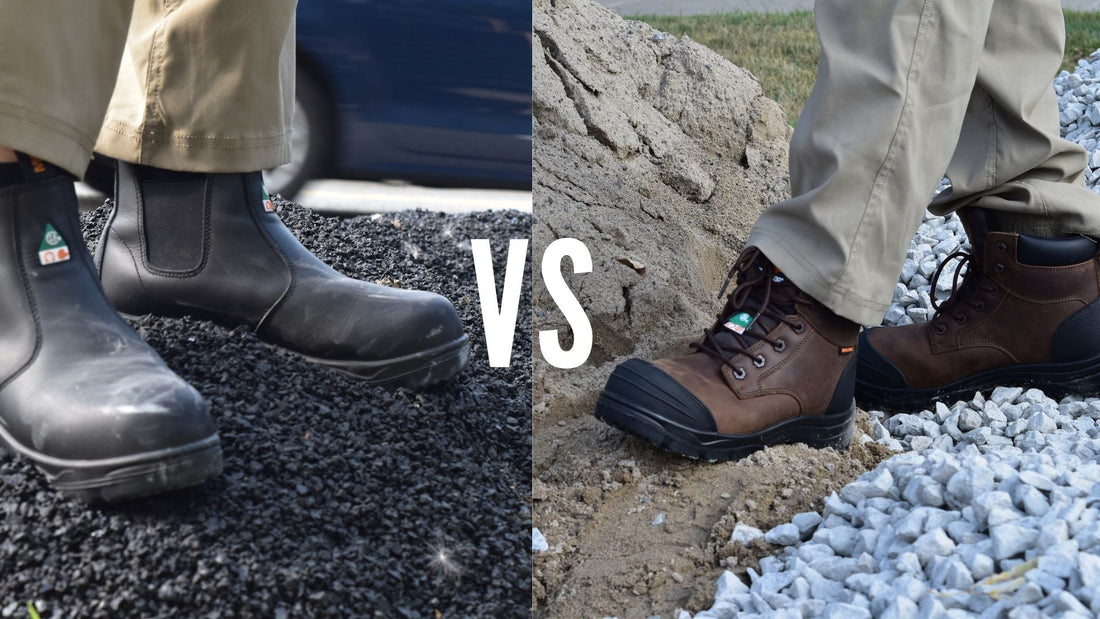 Slip-on vs lace-up composite toe work boots comparison on gravel and sand surfaces