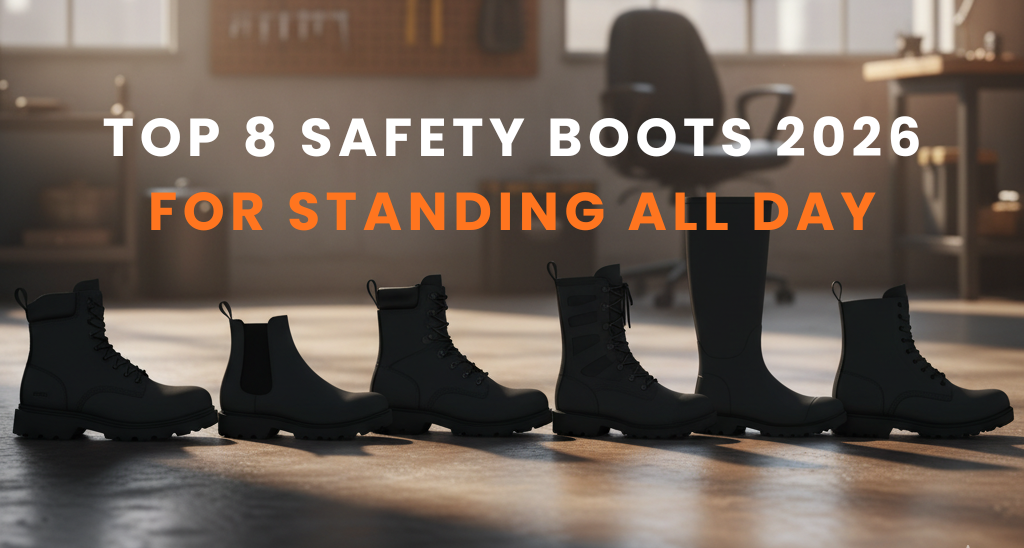 Lineup of top safety boots for standing all day in 2026, Indoor workshop background with boot silhouettes