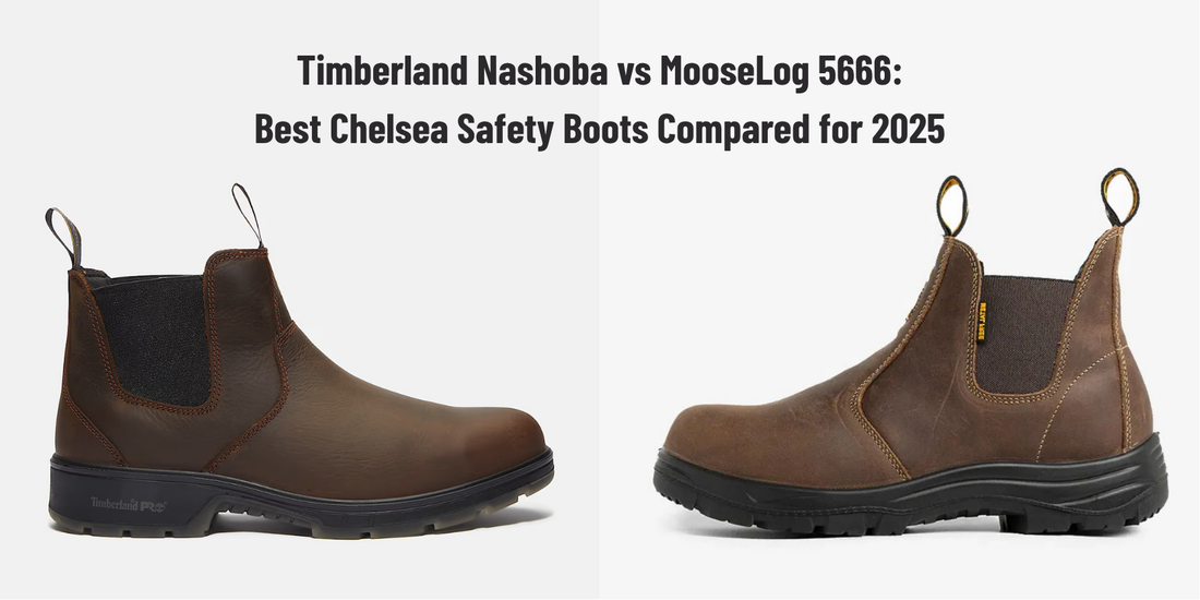 Side-by-side comparison of brown Chelsea safety boots with black elastic panels