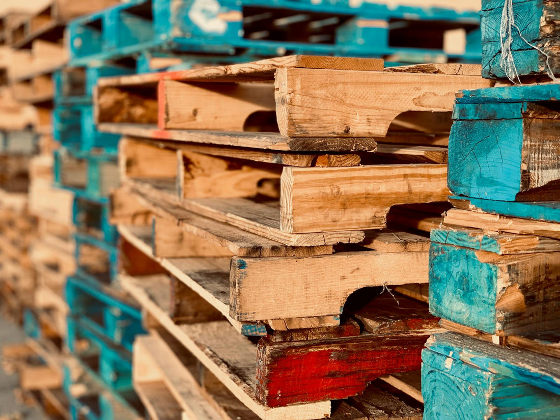 Stack of wooden pallets in a warehouse, construction and industrial supply setting