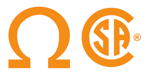 The white rectangle with the orange Omega symbol identifies footwear with electrical shock resistance. It passes CSA testing up to 18,000 volts and contains no exposed metal parts. Workers who handle electrical equipment or work near live circuits depend on this mark for added protection.