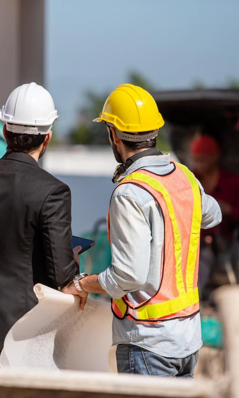 Two PPE men in hard hats and safety vests interacting at a construction site.