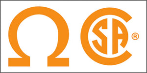 The white rectangle with the orange Omega symbol identifies footwear with electrical shock resistance. It passes CSA testing up to 18,000 volts and contains no exposed metal parts. Workers who handle electrical equipment or work near live circuits depend on this mark for added protection.