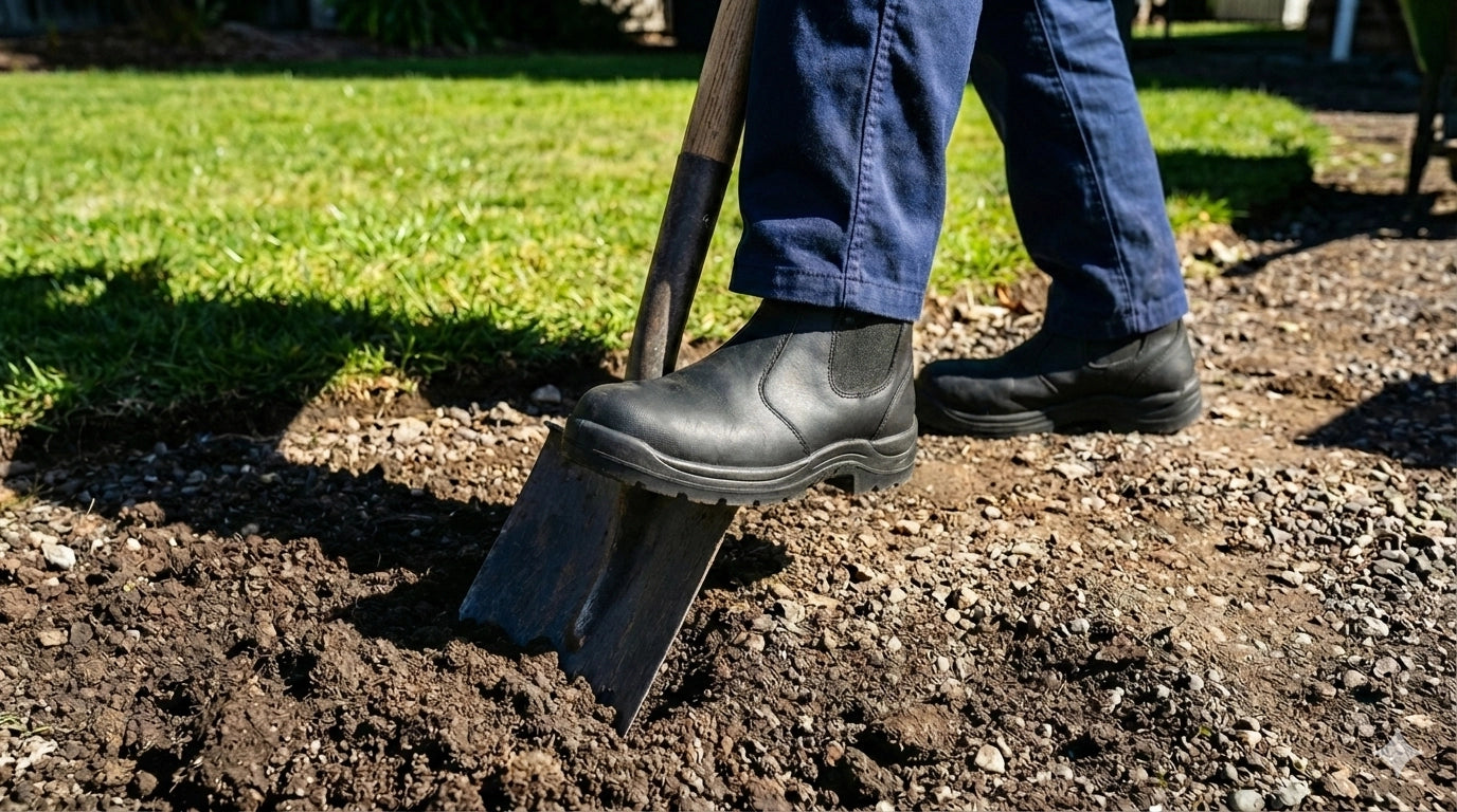 Landscaper wearing MooseLog Timber doing yard work